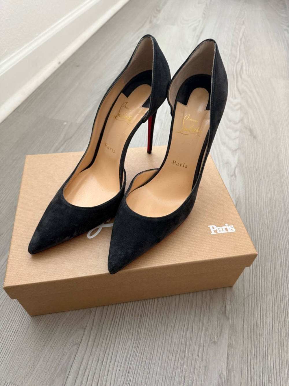 Christian Louboutin Black Suede Pointed Pumps with Red Stiletto Heel